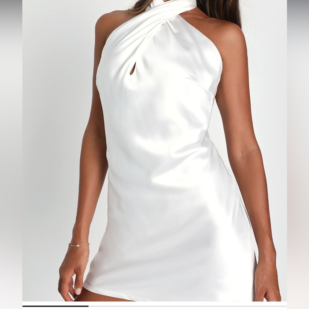 Lulu's Beyond Classy White Satin Halter Mini Dress - Picture 9 of 9